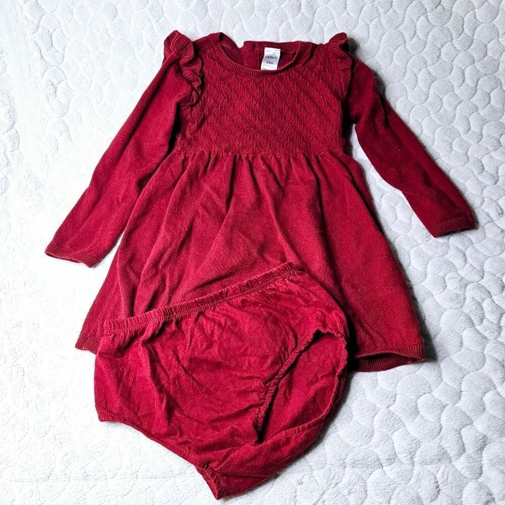 Carter's 24M red knit dress long sleeve bloomers diaper cover ruffle 2T